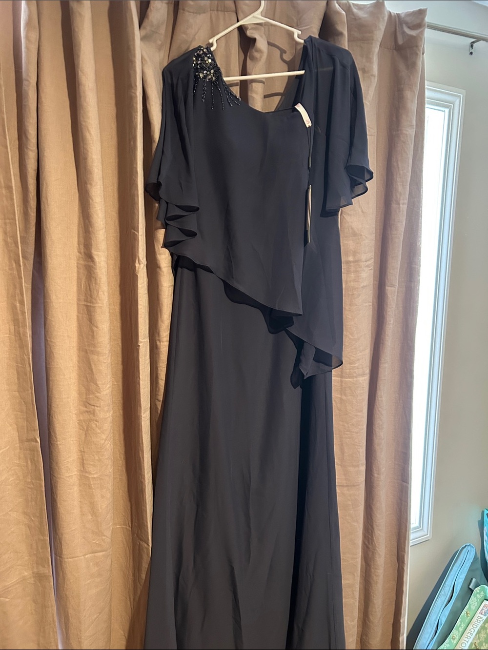 Stormy Blue Evening Dress with Beaded Shoulder and flutter sleeves